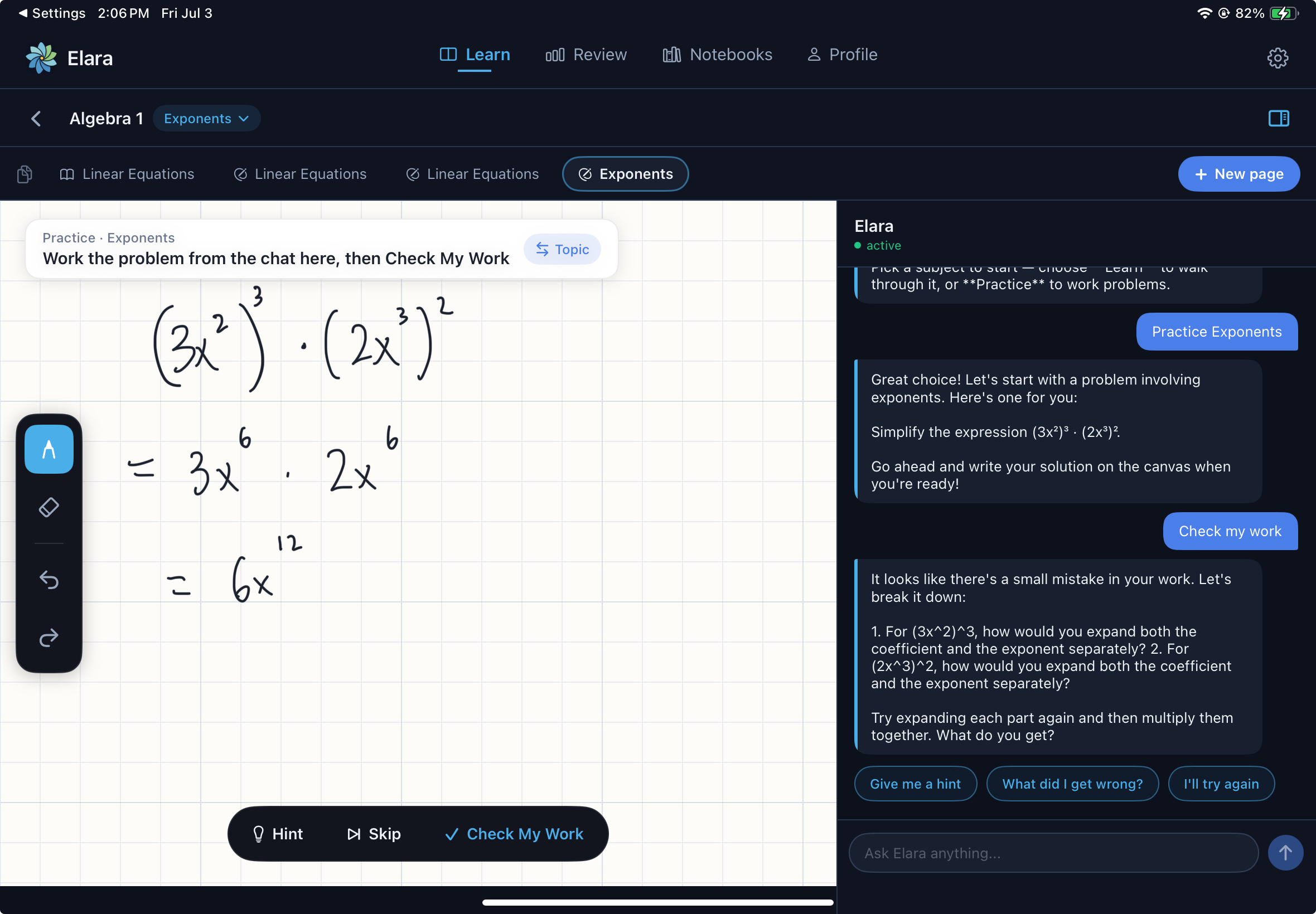 Elara's Exponents practice on iPad: a handwritten (3x²)³·(2x³)² solution on the canvas while Elara's chat catches a small mistake and asks the student how to expand the coefficient and exponent separately, with Give me a hint, What did I get wrong, and I'll try again buttons
