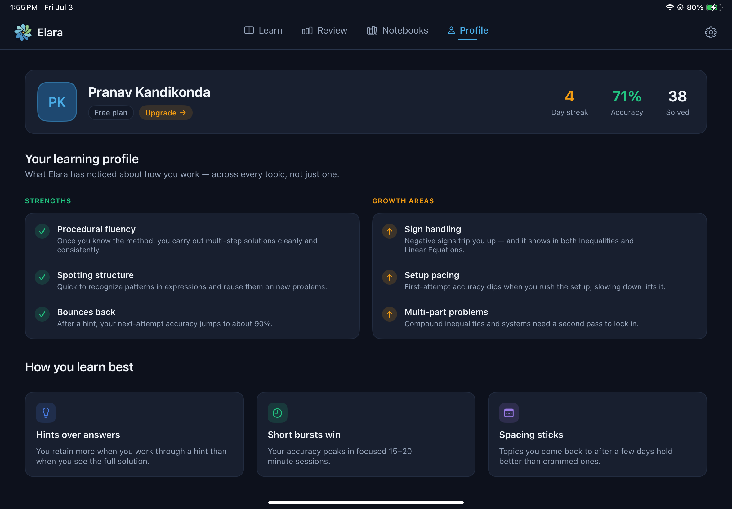 Elara's Profile screen showing a personalized learning profile with Strengths — procedural fluency, spotting structure, and bouncing back after a hint — and Growth areas like sign handling, setup pacing, and multi-part problems, plus how the student learns best